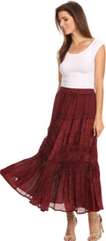 Sakkas Alber Adjustable Waist Boho Skirt With Detailed Embroidery With Ruffle Trim#color_Red