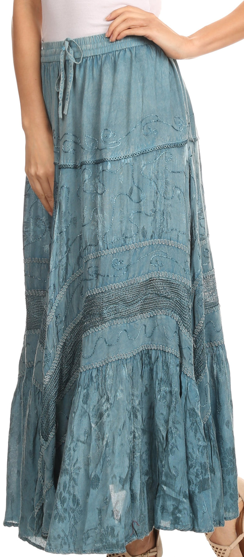 Sakkas Alber Adjustable Waist Boho Skirt With Detailed Embroidery With Ruffle Trim