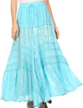 Sakkas Alber Adjustable Waist Boho Skirt With Detailed Embroidery With Ruffle Trim#color_Turquoise