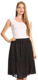 Sakkas Beyza Casual Peasant Mid Skirt with Elastic Waist Embroidery and Eyelet