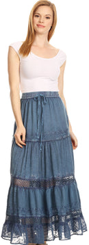 Sakkas Salina Boho Maxi Skirt with Embroidery and Crochet Lace Adjustable Waist