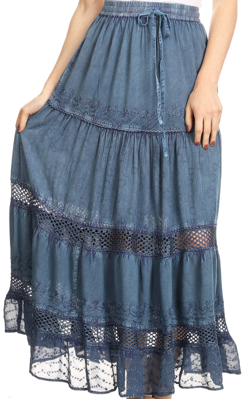Sakkas Salina Boho Maxi Skirt with Embroidery and Crochet Lace Adjustable Waist