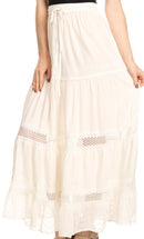 Sakkas Salina Boho Maxi Skirt with Embroidery and Crochet Lace Adjustable Waist