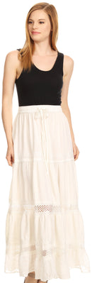 Sakkas Salina Boho Maxi Skirt with Embroidery and Crochet Lace Adjustable Waist