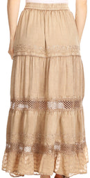 Sakkas Salina Boho Maxi Skirt with Embroidery and Crochet Lace Adjustable Waist