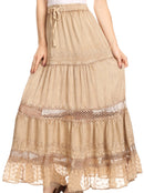 Sakkas Salina Boho Maxi Skirt with Embroidery and Crochet Lace Adjustable Waist