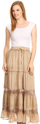 Sakkas Salina Boho Maxi Skirt with Embroidery and Crochet Lace Adjustable Waist