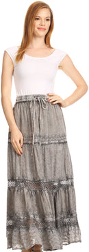 Sakkas Salina Boho Maxi Skirt with Embroidery and Crochet Lace Adjustable Waist