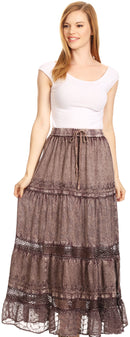 Sakkas Salina Boho Maxi Skirt with Embroidery and Crochet Lace Adjustable Waist