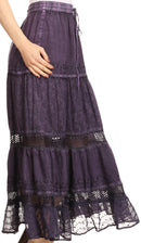 Sakkas Salina Boho Maxi Skirt with Embroidery and Crochet Lace Adjustable Waist