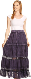 Sakkas Salina Boho Maxi Skirt with Embroidery and Crochet Lace Adjustable Waist