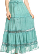 Sakkas Salina Boho Maxi Skirt with Embroidery and Crochet Lace Adjustable Waist