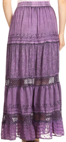 Sakkas Salina Boho Maxi Skirt with Embroidery and Crochet Lace Adjustable Waist