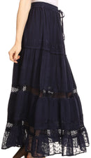 Sakkas Salina Boho Maxi Skirt with Embroidery and Crochet Lace Adjustable Waist