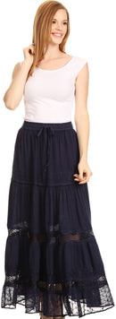 Sakkas Salina Boho Maxi Skirt with Embroidery and Crochet Lace Adjustable Waist