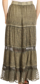 Sakkas Salina Boho Maxi Skirt with Embroidery and Crochet Lace Adjustable Waist