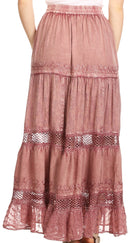 Sakkas Salina Boho Maxi Skirt with Embroidery and Crochet Lace Adjustable Waist