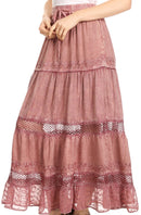 Sakkas Salina Boho Maxi Skirt with Embroidery and Crochet Lace Adjustable Waist