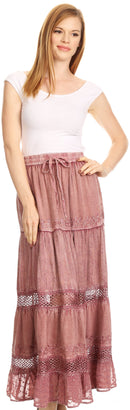 Sakkas Salina Boho Maxi Skirt with Embroidery and Crochet Lace Adjustable Waist