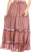 Sakkas Salina Boho Maxi Skirt with Embroidery and Crochet Lace Adjustable Waist