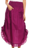Sakkas Coco Long Cotton Ruffle Skirt with Pockets and Elastic Waistband#color_Fuschia