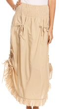 Sakkas Coco Long Cotton Ruffle Skirt with Pockets and Elastic Waistband#color_Beige