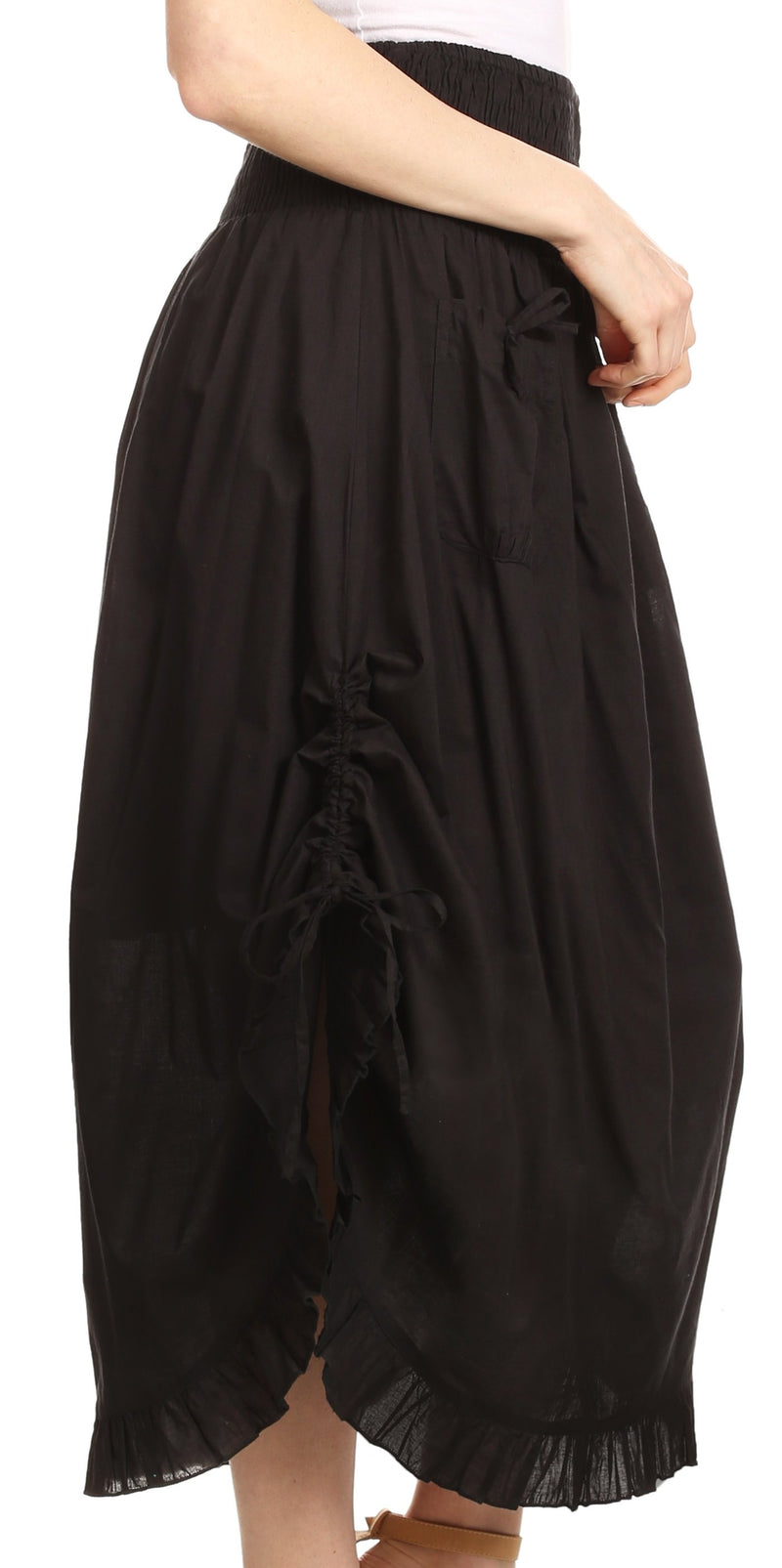 Sakkas Coco Long Cotton Ruffle Skirt with Pockets and Elastic Waistband