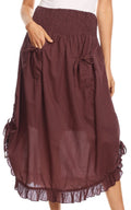 Sakkas Coco Long Cotton Ruffle Skirt with Pockets and Elastic Waistband#color_Brown
