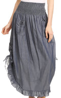 Sakkas Coco Long Cotton Ruffle Skirt with Pockets and Elastic Waistband#color_Chambray