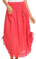 Sakkas Coco Long Cotton Ruffle Skirt with Pockets and Elastic Waistband#color_Coral