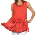 Sakkas Embroidered Watercolor Palm Tree Flared Hem Blouse#color_Coral