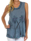 Sakkas Embroidered Watercolor Palm Tree Flared Hem Blouse#color_Grey