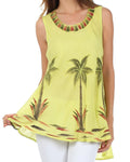 Sakkas Embroidered Watercolor Palm Tree Flared Hem Blouse#color_NeonGreen