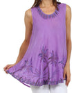 Sakkas Embroidered Watercolor Palm Tree Flared Hem Blouse#color_Purple