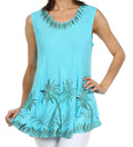 Sakkas Embroidered Watercolor Palm Tree Flared Hem Blouse#color_Turquoise