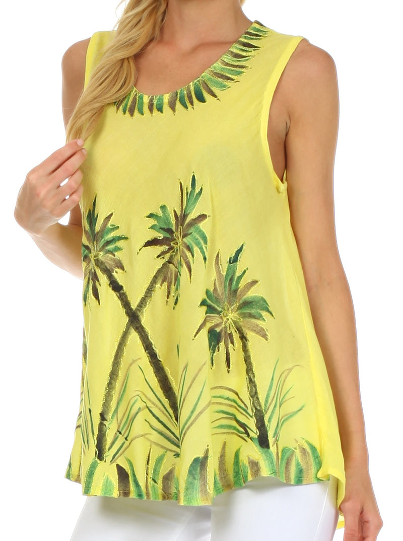 Sakkas Embroidered Watercolor Palm Tree Flared Hem Blouse