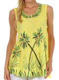 Sakkas Embroidered Watercolor Palm Tree Flared Hem Blouse#color_Yellow