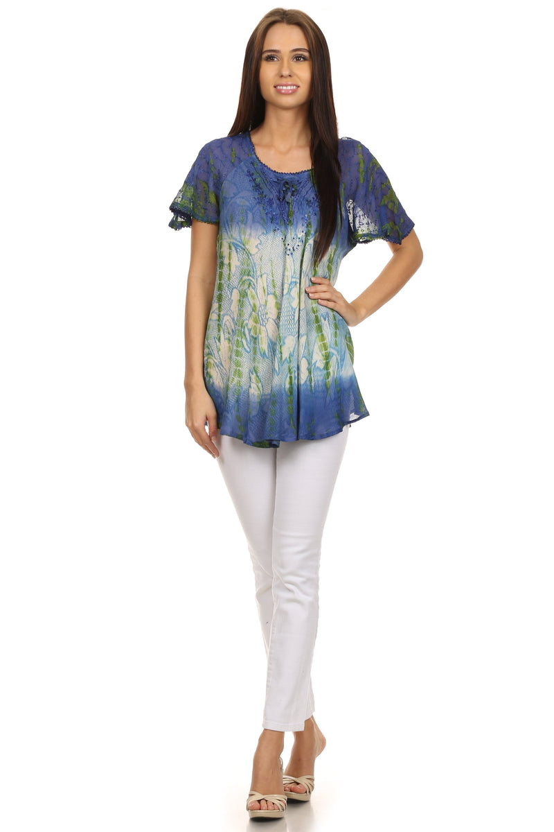 Sakkas Dina Relaxed Fit Sequin Tie Dye Embroidery Cap Sleeves Blouse / Top
