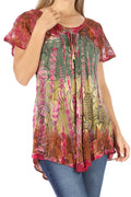 Sakkas Dina Relaxed Fit Sequin Tie Dye Embroidery Cap Sleeves Blouse / Top#color_Brown