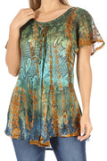 Sakkas Dina Relaxed Fit Sequin Tie Dye Embroidery Cap Sleeves Blouse / Top#color_Green