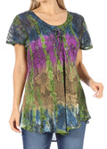 Sakkas Dina Relaxed Fit Sequin Tie Dye Embroidery Cap Sleeves Blouse / Top#color_Navy