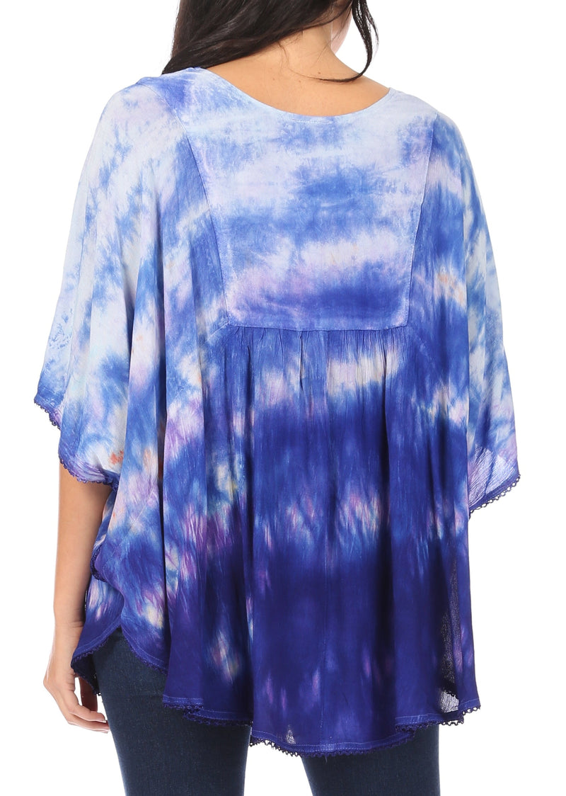 Sakkas Lepha Long Wide Multi Colored Tie Dye Sequin Embroidered Poncho Top Blouse