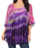 Sakkas Lepha Long Wide Multi Colored Tie Dye Sequin Embroidered Poncho Top Blouse#color_Pink