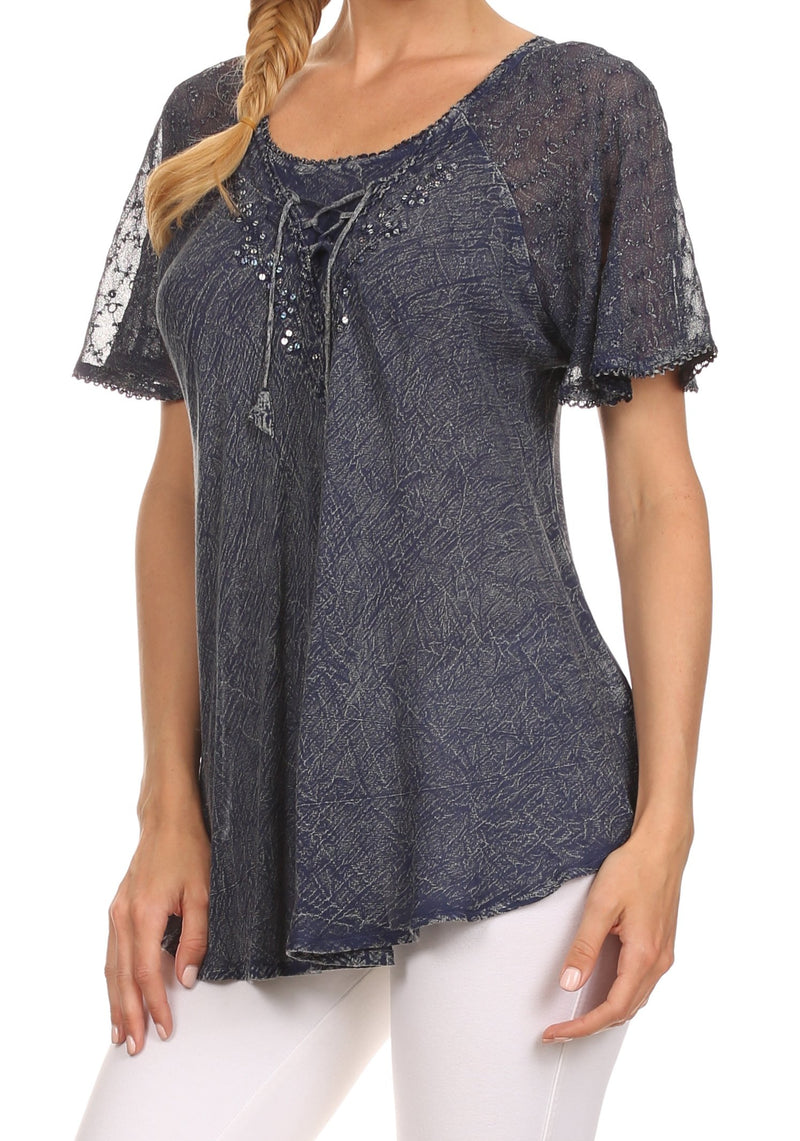 Sakkas Ellie Sequin Embroidered Cap Sleeve Scoop Neck Relaxed Fit Blouse