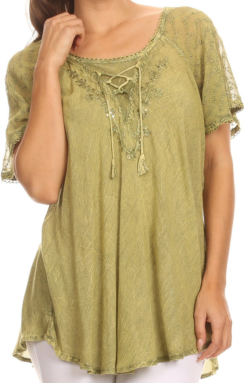 Sakkas Ellie Sequin Embroidered Cap Sleeve Scoop Neck Relaxed Fit Blouse
