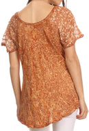 Sakkas Ash Speckled Tiedye Embroidered Cap Sleeve Blouse Top With Embroidery Hems
