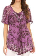 Sakkas Ash Speckled Tiedye Embroidered Cap Sleeve Blouse Top With Embroidery Hems#color_LightPurple