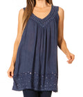 Sakkas Rita Womens Picot Trim V Neck Tank Blouse With Seqins And Embroidery#color_A-MidnightBlue
