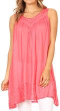 Sakkas Rita Womens Picot Trim V Neck Tank Blouse With Seqins And Embroidery#color_Coral