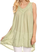 Sakkas Rita Womens Picot Trim V Neck Tank Blouse With Seqins And Embroidery#color_Green